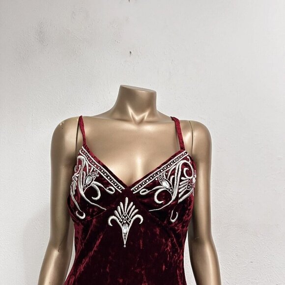 Natori VTG 90s Y2K Burgundy Velvet Chemise Slip Dress Embroidery Beaded Size M - Picture 2 of 10